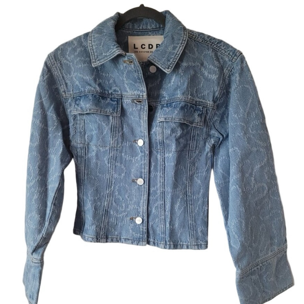 NWT LES COYOTES DE PARIS Women's Coral Blue Laser Cut Jean Jacket Size XXS